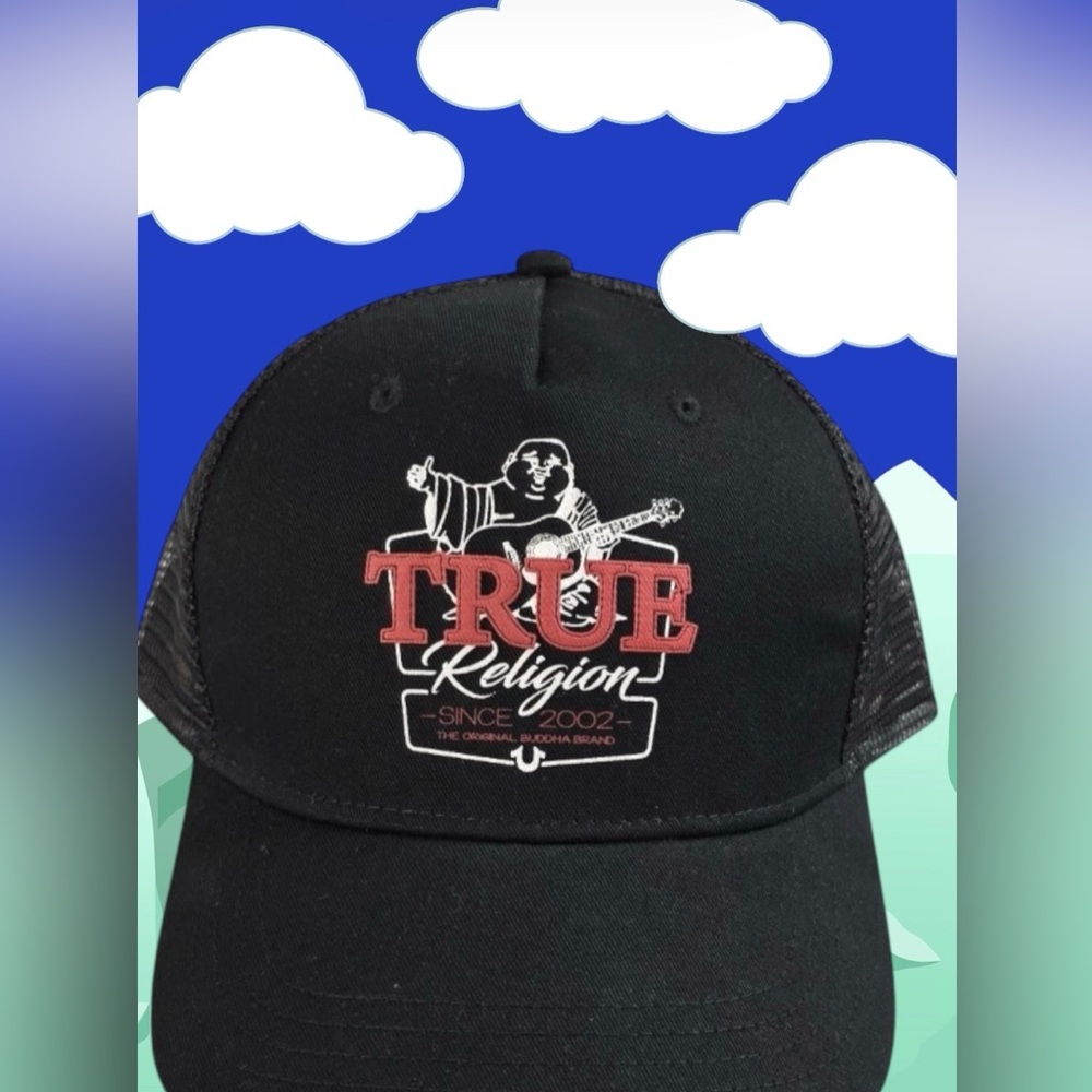 True Religion Black Trucker- Red and White Logo- SnapBack closure